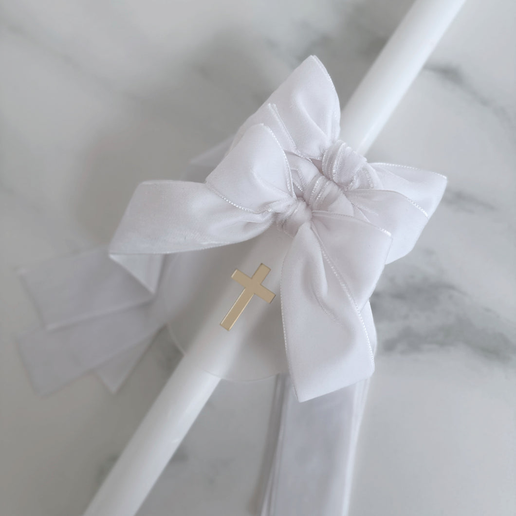 Velvet Bow Palm Sunday Candle - White
